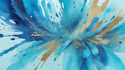 The primary subject of the image is a blue and gold painting, which features a blue background with gold splashes and drips. The setting is a canvas, and the visual style is a painting. The dominant colors are blue and gold, creating a vibrant and lively atmosphere.