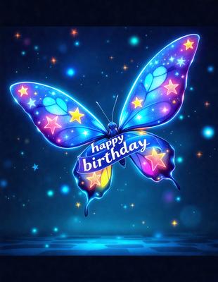 The primary subject of the image is a colorful butterfly with a birthday message. The butterfly is blue, purple, and pink, and it is flying in a blue and purple sky. The setting is a night sky, and the visual style is digital art. The overall atmosphere is celebratory and joyful, as the butterfly is associated with happiness and positive emotions.