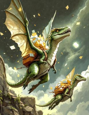 The primary subject of the image is a green dragon with a large pile of mail on its back. The dragon is flying through the sky, with the mail appearing to be a mix of envelopes and books. The setting is a dark, cloudy sky, which adds to the overall mood of the scene. The visual style of the image is a digital art or illustration, with the dragon and mail being the main focus of the composition.