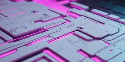 The primary subject of the image is a white, pink, and grey patterned surface. The setting is a futuristic, industrial environment, possibly a building or a space station. The visual style is a combination of digital art and illustration, creating a unique and intriguing design. The colors and mood of the image are predominantly pink and grey, giving it a futuristic and modern feel.
