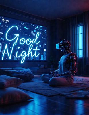 The primary subject of the image is a robot sitting on a couch in a dark room. The robot is wearing a white shirt and appears to be in a relaxed position. The setting is a dimly lit room with a futuristic atmosphere. The visual style is a digital art or illustration, creating a surreal and intriguing scene. The colors in the image are predominantly dark, with the robot and the couch being the main focus, creating a moody and mysterious mood.