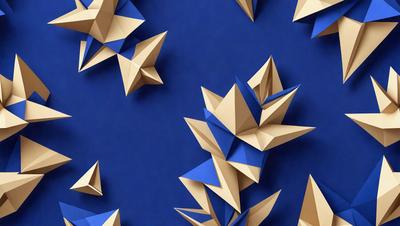The primary subject of the image is a collection of origami stars, which are displayed against a blue background. The setting appears to be a wall or a surface where the origami stars are placed. The visual style of the image is a combination of photo and digital art, as it showcases the intricate details of the origami stars. The colors and mood of the image are predominantly blue, which adds a sense of calmness and tranquility to the scene.