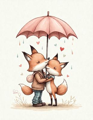 The image features a heartwarming scene of two foxes, one male and one female, standing close to each other and sharing a tender moment. They are both holding umbrellas, which adds a touch of whimsy to the scene. The primary subject is the two foxes, and the setting is a grassy area. The visual style is a hand-drawn illustration, and the colors and mood are warm and inviting.
