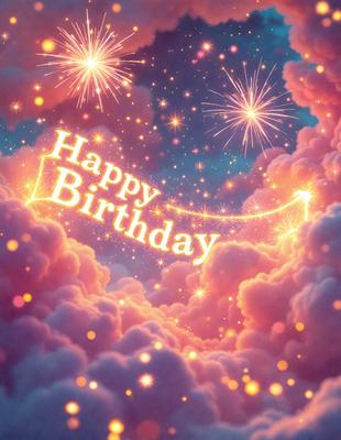 Happy Birthday: [The main object, scene, or focus of the image is a birthday celebration, with a colorful and vibrant atmosphere.]

Setting/background: [The environment, backdrop, or surface visible in the image is a cloudy sky, with a colorful and vibrant atmosphere.]

Visual style: [The image is a digital art or illustration, featuring a colorful and vibrant atmosphere.]

Colors and mood: [The dominant colors in the image are pink, purple, and yellow, creating a warm, cheerful, and celebratory mood.]