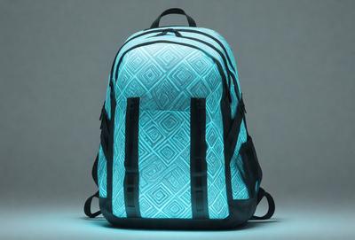 The primary subject of the image is a backpack with a blue and black pattern. The backpack is placed on a white background, which creates a clean and minimalist appearance. The visual style of the image is a combination of photo and digital art, as it features a close-up view of the backpack with a blue and black pattern. The colors and mood of the image are predominantly blue and black, giving it a modern and sophisticated feel.