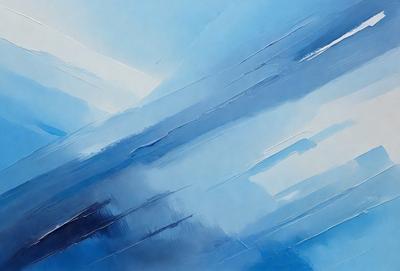 The primary subject of the image is a painting of a blue sky with clouds. The setting is a cloudy sky, and the visual style is a painting. The dominant colors are blue and white, creating a calm and serene atmosphere.