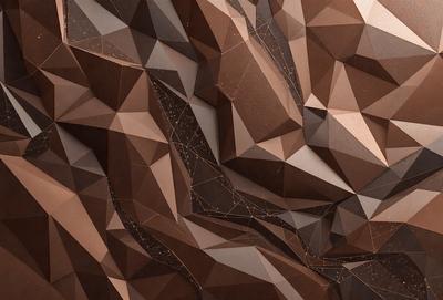 The image is a close-up of a brown and tan patterned surface, possibly a wall or a piece of art. The pattern is made up of triangles, and the colors are predominantly brown and tan. The visual style appears to be a combination of a photo and digital art, creating a unique and intriguing appearance. The overall atmosphere of the image is warm and inviting, with the triangular pattern and earthy tones creating a sense of depth and texture.