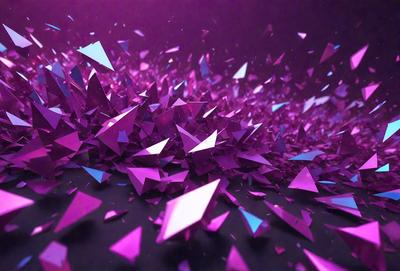 The primary subject of the image is a large pile of purple and blue triangles. The setting is a dark background, which contrasts with the vibrant colors of the triangles. The visual style appears to be a digital art or illustration, as the triangles are arranged in a visually appealing manner. The dominant colors are purple and blue, creating a sense of depth and contrast in the image.