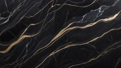 The primary subject of the image is a black marble countertop with gold streaks. The setting is a kitchen, and the visual style is a close-up of the marble countertop. The dominant colors are black and gold, creating a luxurious and elegant atmosphere.