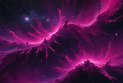 The primary subject of the image is a pink nebula, which is a large, swirling mass of gas and dust in space. The setting is a dark, star-filled sky, with the nebula being the main focus of the image. The visual style is a digital art or illustration, creating a vibrant and colorful scene. The dominant colors are pink and purple, giving the image a warm and dreamy atmosphere.