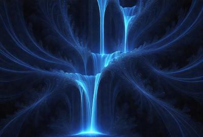 The primary subject of the image is a blue waterfall, which appears to be a digital art or illustration. The setting is a dark, blue-toned environment, possibly a night scene. The visual style gives the impression of a futuristic or surreal atmosphere. The dominant colors are blue and black, creating a moody and dramatic mood.