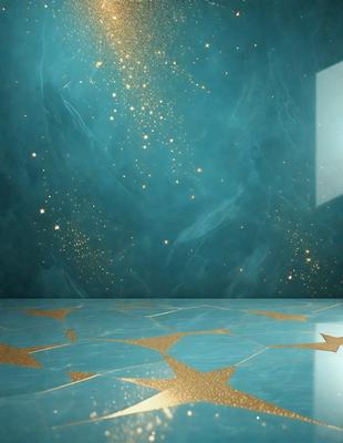 The primary subject of the image is a blue wall with a star pattern on it. The setting is a room with a blue floor, and the visual style appears to be a combination of photo and digital art. The dominant colors are blue and gold, creating a calm and serene atmosphere.