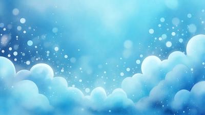 The primary subject of the image is a cloudy blue sky filled with white clouds. The setting is a vast, open space with no visible landmarks or objects. The visual style is a digital art or illustration, creating a sense of depth and movement in the clouds. The colors and mood are predominantly blue and white, giving the scene a calm and serene atmosphere.