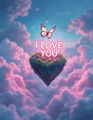 Primary subject: A heart-shaped island with a butterfly on top.

Setting/background: A pink and purple cloudy sky.

Visual style: Digital art.

Colors and mood: The image is predominantly pink and purple, creating a warm and romantic atmosphere.