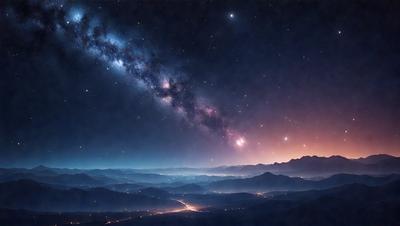 The primary subject of the image is a beautiful night sky filled with stars. The setting is a mountainous area, with the mountains visible in the background. The visual style is a combination of a photo and digital art, creating a stunning and realistic representation of the night sky. The colors and mood of the image are predominantly dark and serene, with the stars and mountains creating a sense of awe and wonder.