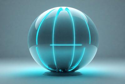 The primary subject of the image is a large, blue, illuminated sphere. The setting is a white background, which provides a clean and minimalist appearance. The visual style is a combination of digital art and illustration, creating a futuristic and modern look. The colors and mood of the image are predominantly blue, which gives it a calm and serene atmosphere.