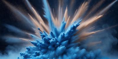 The primary subject of the image is a blue and white explosion, which appears to be a digital art or illustration. The setting is a dark background, and the visual style is a mix of digital art and illustration. The dominant colors in the image are blue and white, creating a vibrant and energetic atmosphere.