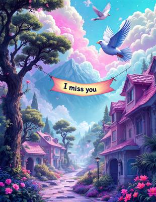 Primary subject: A beautifully illustrated scene of a bird flying over a pink house with a banner that reads "I miss you."

Setting/background: The background features a mountain, adding to the picturesque setting of the scene.

Visual style: The image is a digital art illustration, showcasing the artist's creativity and attention to detail.

Colors and mood: The scene is predominantly pink, which gives it a warm and inviting atmosphere. The bird flying over the house adds a sense of freedom and longing, as it symbolizes the person who is being missed.
