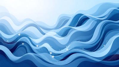 The primary subject of the image is a blue ocean with waves. The setting is a vast body of water, and the visual style is a digital art or illustration. The colors and mood of the image are predominantly blue, creating a serene and calming atmosphere.