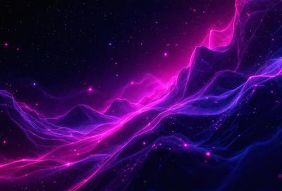 The primary subject of the image is a purple, pink, and blue nebula, which is a three-dimensional space structure. The setting is a dark, starry sky, with the nebula as the main focus. The visual style is a digital art or illustration, creating a vibrant and colorful atmosphere. The dominant colors are purple, pink, and blue, giving the image a sense of depth and beauty.