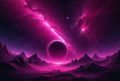 The primary subject of the image is a pink planet with a ring around it, set against a backdrop of a pink sky. The visual style appears to be a digital art or illustration, creating a unique and vibrant atmosphere. The colors and mood of the image are predominantly pink, giving it a warm and inviting feel.