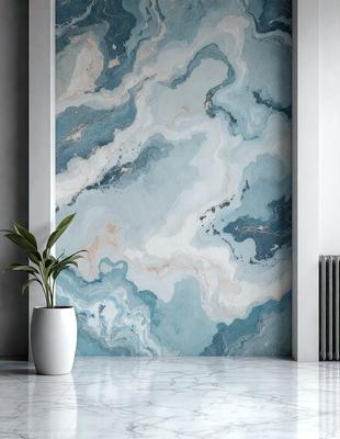 The primary subject of the image is a white vase with a plant in it, placed on a marble floor. The setting is a room with a large blue and white marble wall, which serves as the backdrop for the scene. The visual style of the image is a photo, capturing the details of the vase, plant, and marble wall. The colors and mood of the image are predominantly blue and white, creating a calm and serene atmosphere.