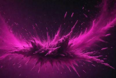 The primary subject of the image is a purple, pink, and white explosion, which appears to be a digital art or illustration. The setting is a dark background, and the visual style gives the impression of a painting or a graphic design. The colors and mood of the image are predominantly purple and pink, creating a vibrant and energetic atmosphere.
