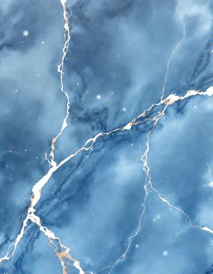 The primary subject of the image is a blue and white marble-like surface with a cracked appearance. The setting is a blue sky, and the visual style is a combination of photo and digital art. The colors and mood of the image are predominantly blue and white, creating a sense of depth and contrast.
