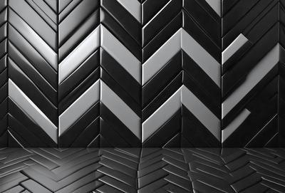 The primary subject of the image is a black and white patterned wall. The setting is a room with a black and white tiled wall, which creates a visually striking contrast. The visual style is a combination of a photo and digital art, as the pattern is created by a digital design. The colors and mood of the image are predominantly black and white, giving it a classic and timeless appearance.