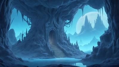 The primary subject of the image is a large, intricately carved tree with a doorway in its side. The tree is surrounded by a blue, misty environment, giving the scene a fantastical and surreal atmosphere. The visual style of the image is a digital art or illustration, with the tree and doorway being the main focus of the composition. The colors and mood of the image are predominantly blue, with a touch of green from the tree, creating a serene and mystical ambiance.