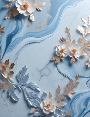 The primary subject of the image is a beautifully designed wallpaper featuring a blue and white color scheme. The wallpaper is adorned with gold accents and intricate patterns, creating a luxurious and elegant appearance. The setting is a room with a blue marble wall, which serves as the perfect backdrop for the wallpaper. The visual style of the image is a combination of digital art and illustration, showcasing the artistic talent and attention to detail in the design. The colors and mood of the image are sophisticated and elegant, reflecting the high-quality and luxurious nature of the wallpaper.
