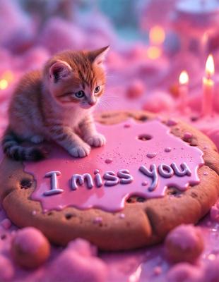 The primary subject of the image is a small kitten sitting on a pink and white frosted cookie. The cookie has the words "I miss you" written on it, indicating a sentimental or heartfelt message. The setting is a pink and white background, which complements the colorful cookie. The visual style is a combination of photo and digital art, creating a unique and eye-catching image. The colors and mood of the image are predominantly pink and white, giving it a warm and affectionate atmosphere.