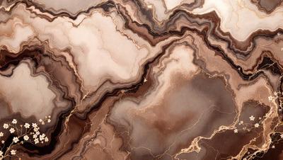 The primary subject of the image is a close-up of a marble surface, showcasing its intricate patterns and textures. The setting is a natural environment, with the marble surface being the main focus of the image. The visual style is a close-up, which highlights the details of the marble. The colors and mood of the image are predominantly earthy tones, giving it a natural and elegant appearance.