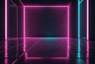 The primary subject of the image is a large, brightly colored neon sign. The sign is illuminated with pink, blue, and green lights, creating a vibrant and eye-catching display. The setting is a dark room, which contrasts with the brightly lit sign. The visual style of the image is a combination of digital art and illustration, as the neon sign appears to be a digital creation. The colors and mood of the image are energetic and lively, with the pink, blue, and green lights creating a sense of excitement and movement.