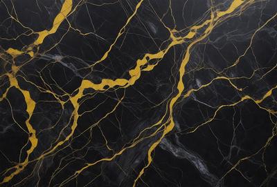 The primary subject of the image is a marble countertop with a black and gold pattern. The setting is a kitchen, and the visual style is a close-up of the countertop. The dominant colors are black and gold, creating a luxurious and elegant atmosphere.