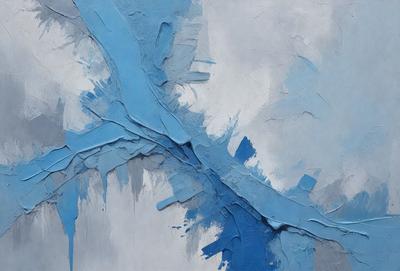 The primary subject of the image is a painting of a blue river with a white sky in the background. The setting is a canvas, and the visual style is a painting. The dominant colors are blue and white, creating a serene and calming atmosphere.