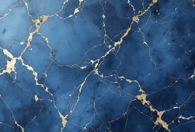The primary subject of the image is a blue and gold marble wall. The setting is a room with a blue and gold marble wall, which serves as the background. The visual style is a close-up of the marble wall, showcasing its intricate patterns and textures. The dominant colors are blue and gold, creating a luxurious and elegant atmosphere.