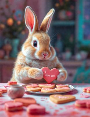 The primary subject of the image is a bunny rabbit holding a heart-shaped cookie. The setting is a table with a plate of cookies, and the visual style appears to be a digital art or illustration. The colors are predominantly pink, which gives the image a warm and cheerful atmosphere.