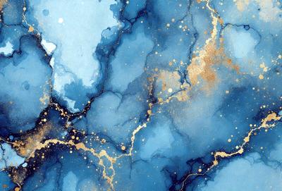 The primary subject of the image is a blue and gold painting, featuring a blue background with gold accents. The setting is a wall, and the visual style appears to be a digital art or illustration. The dominant colors in the painting are blue and gold, creating a serene and calming atmosphere.