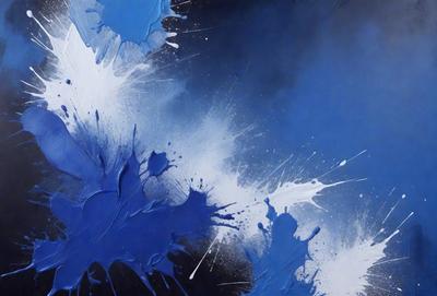 The primary subject of the image is a painting of a blue background with white splatters. The setting is a black background, and the visual style appears to be a digital art or illustration. The dominant colors are blue and white, creating a calm and serene atmosphere.