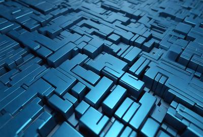 The primary subject of the image is a blue, geometric pattern. The setting is a blue background, and the visual style appears to be a digital art or illustration. The dominant colors are blue and silver, creating a modern and sleek atmosphere.
