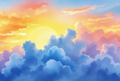 The primary subject of the image is a beautiful sunset with a cloudy sky. The sun is setting behind the clouds, creating a warm and serene atmosphere. The setting/background features a cloudy sky, which adds depth and interest to the scene. The visual style of the image is a combination of digital art and illustration, creating a vibrant and dynamic scene. The colors and mood of the image are predominantly warm and soothing, with the sunset and clouds evoking feelings of tranquility and relaxation.