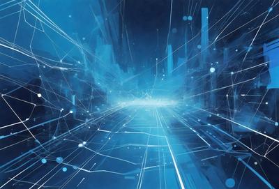 The primary subject of the image is a futuristic cityscape, featuring a blue sky and a large building. The setting is a futuristic city, with a blue sky and a large building as the main focus. The visual style is a combination of digital art and illustration, creating a unique and captivating atmosphere. The colors and mood of the image are predominantly blue, giving it a calm and serene feel.