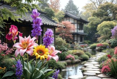 Primary subject: Flowers
Setting/background: A garden with a pond and a house in the background
Visual style: Photo
Colors and mood: The flowers are purple and yellow, creating a vibrant and cheerful atmosphere.