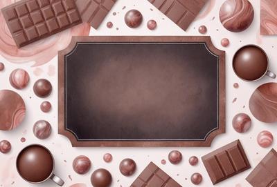 The primary subject of the image is a brown wooden frame with a brown background. The setting is a table with various chocolate-related items, including chocolate pieces, chocolate bars, and chocolate-covered marshmallows. The visual style is a combination of photo and digital art, creating a unique and appealing presentation. The colors and mood of the image are predominantly brown, which adds to the warm and inviting atmosphere.