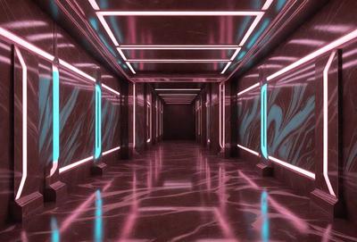 The primary subject of the image is a long, narrow hallway with a marble floor. The setting is a dark, underground space with a patterned wall. The visual style is a combination of photo and digital art, creating a unique and intriguing atmosphere. The colors and mood are predominantly dark and moody, with the pink and blue neon lights adding a touch of vibrancy to the scene.