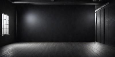 The primary subject of the image is a black wall with a light shining on it. The setting is a room with a wooden floor. The visual style is a black and white photo. The dominant colors are black and white, creating a moody atmosphere.