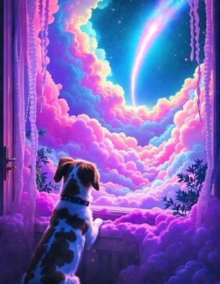 The primary subject of the image is a dog sitting in a window, looking out at a colorful sky. The setting is a room with a window, and the visual style appears to be a digital art or illustration. The colors and mood of the image are vibrant and lively, with the dog's brown and white fur contrasting against the pink and purple sky.