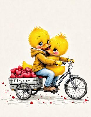 The primary subject of the image is a cartoon duck with a basket of hearts. The setting is a street, and the visual style is a cartoon illustration. The colors are predominantly yellow and red, creating a warm and cheerful atmosphere.