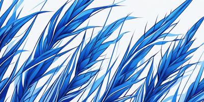 The primary subject of the image is a close-up of a field of blue grass, with the grass appearing to be blue and white. The setting is a white background, which provides a clean and minimalistic look to the image. The visual style is a digital art or illustration, as the grass appears to be a digital rendering rather than a photograph. The dominant colors in the image are blue and white, creating a calm and serene atmosphere.